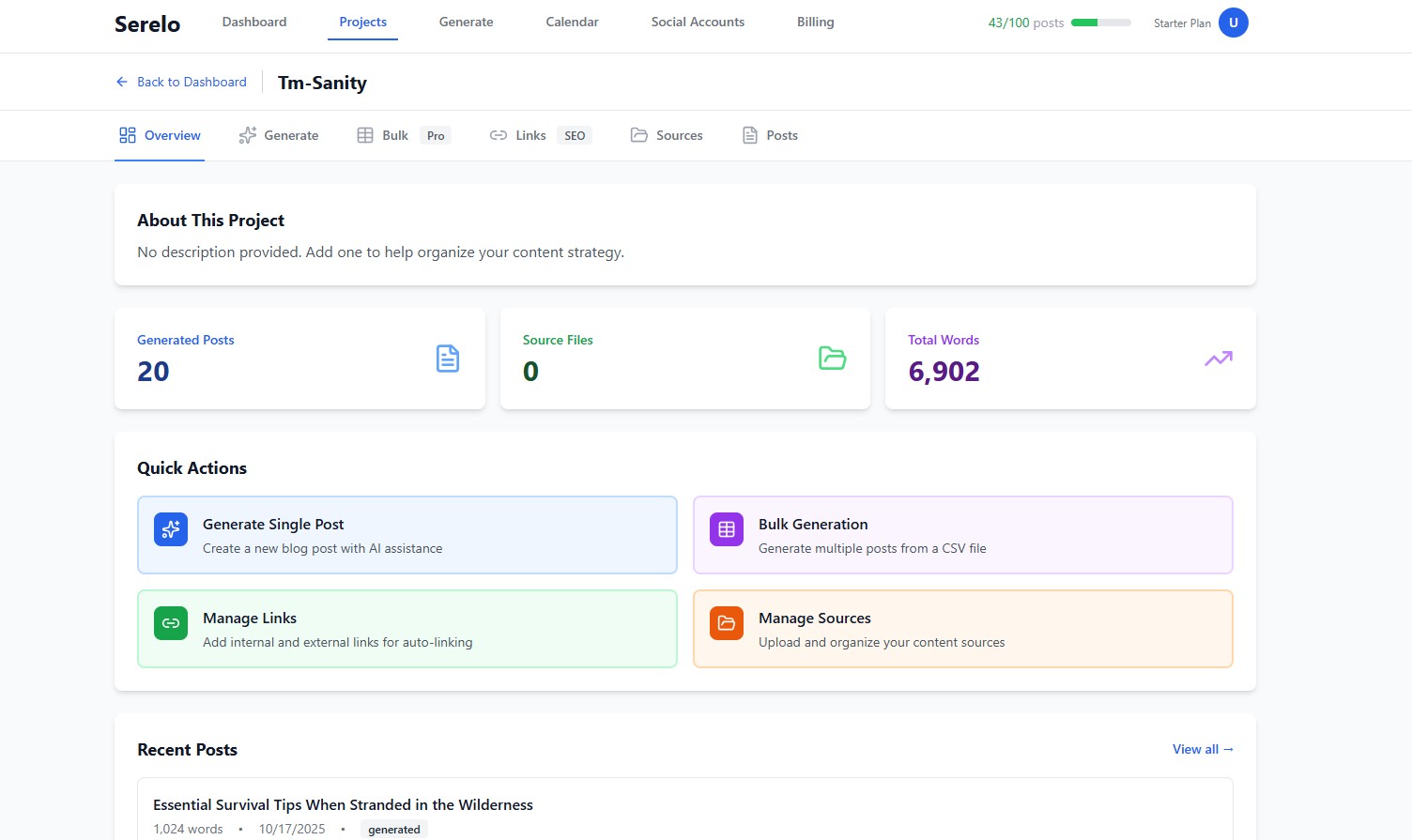 Serelo AI-powered content generation platform interface showing source-grounded content creation.